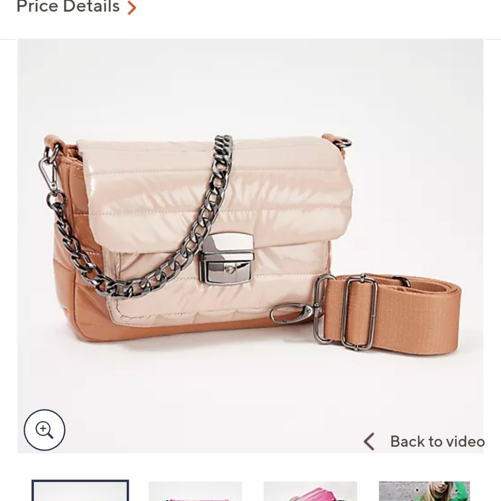 Quilted Crossbody Bag with Chain and Webbing Strap - Cream & Tan